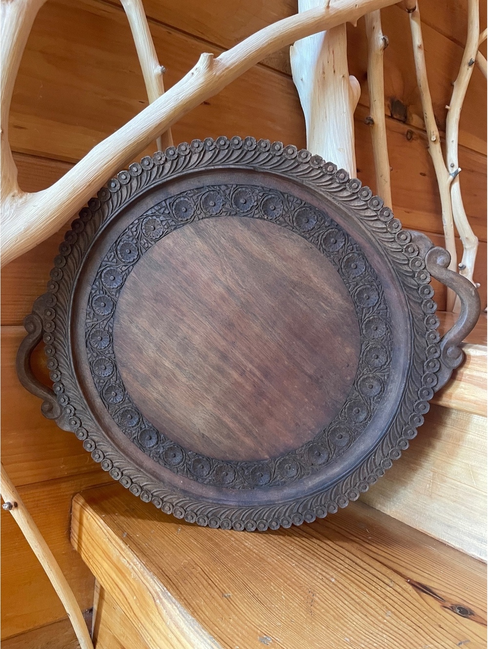 Hand Carved Round Wooden Serving Tray with Handles